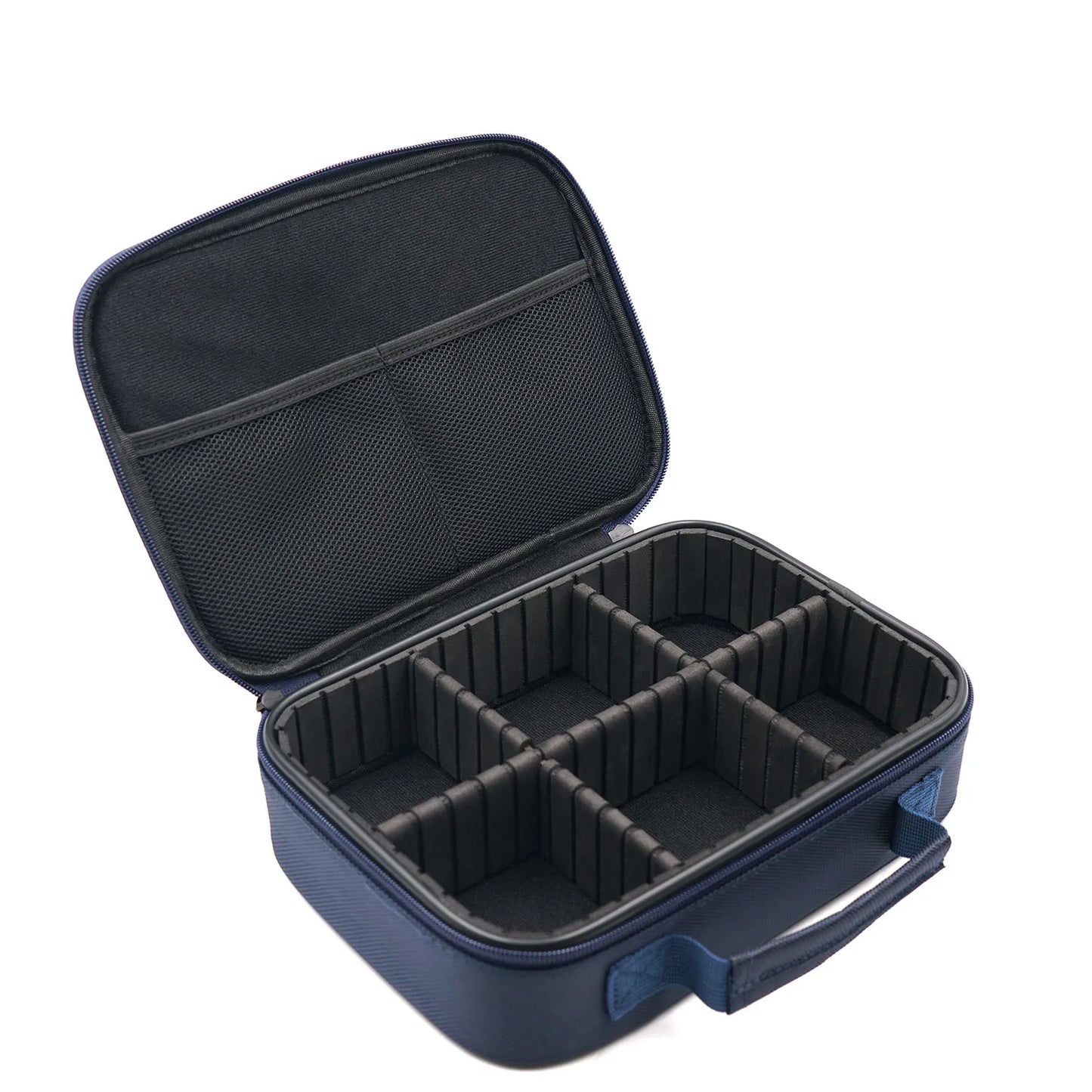 BQEYZ Navy Blue HiFi IEM Earphone Storage Bag - Opened View with Compartments for Earphones & Cables