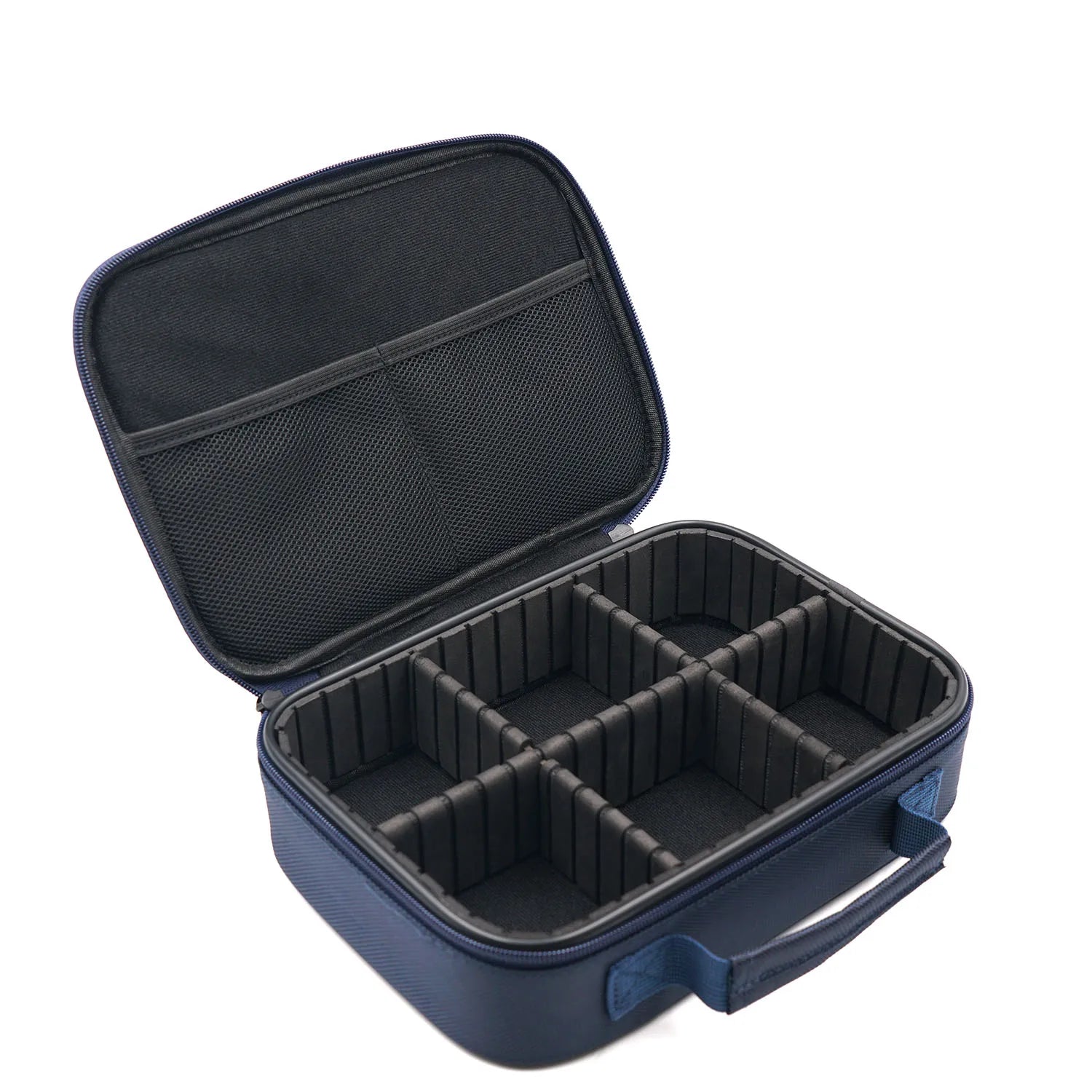 BQEYZ Navy Blue HiFi IEM Earphone Storage Bag - Opened View with Compartments for Earphones & Cables