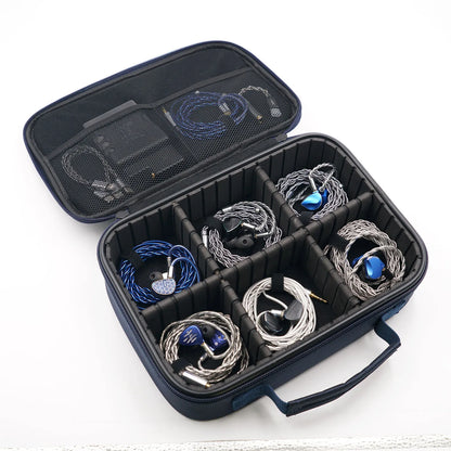 BQEYZ Navy Blue HiFi IEM Earphone Storage Bag - Opened View with Compartments for Earphones & Cables