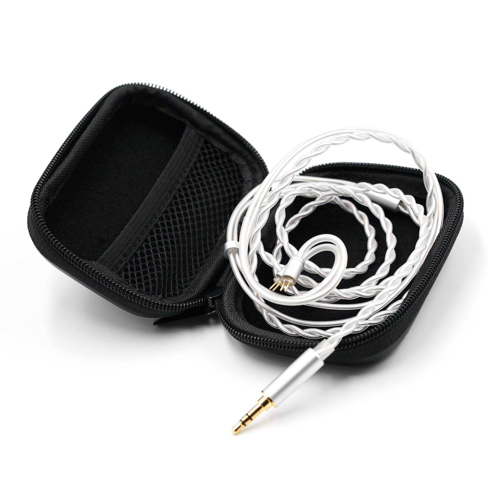 BQEYZ White Braided HiFi IEM Earphone Cable in Black Mesh Case - Organized for Daily Use
