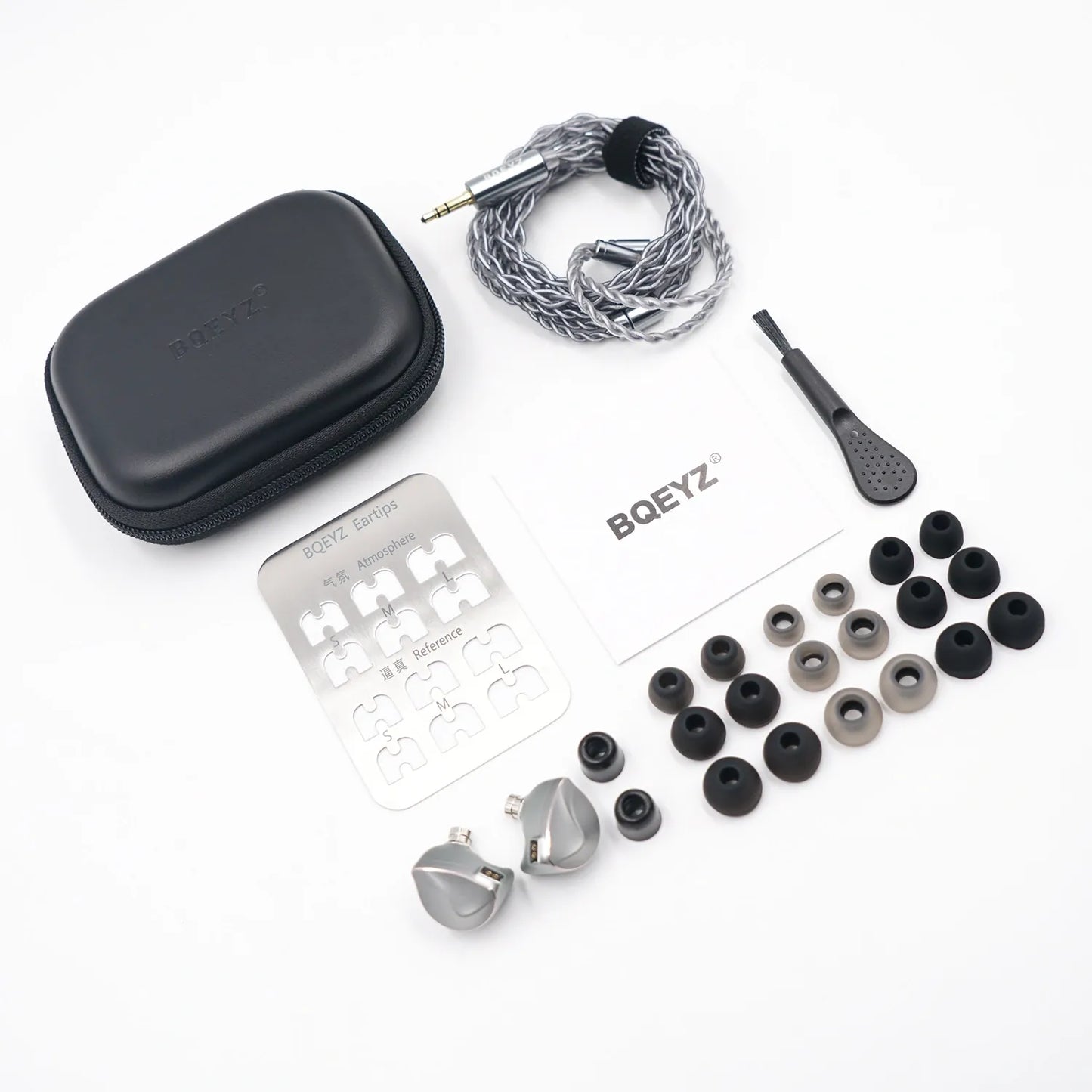 Complete packaging and accessories kit for the black BQEYZ hifi IEM earphone.