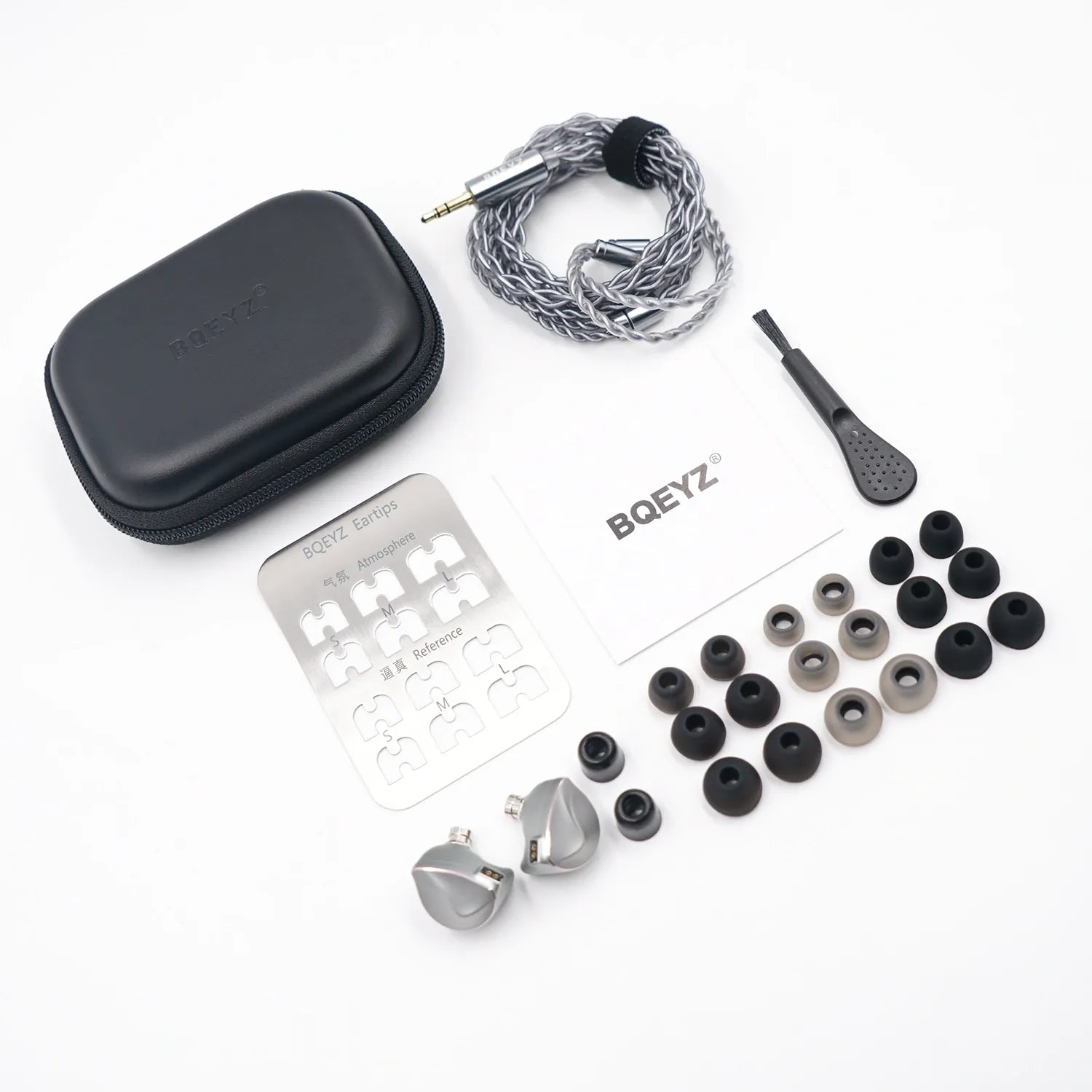 Complete packaging and accessories kit for the black BQEYZ hifi IEM earphone.