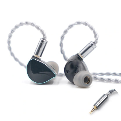Black BQEYZ hifi IEM earphone pair connected to a silver upgrade cable.
