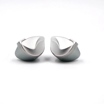 Angled view of the ergonomic silver aluminum shells for the BQEYZ hifi IEM earphone.