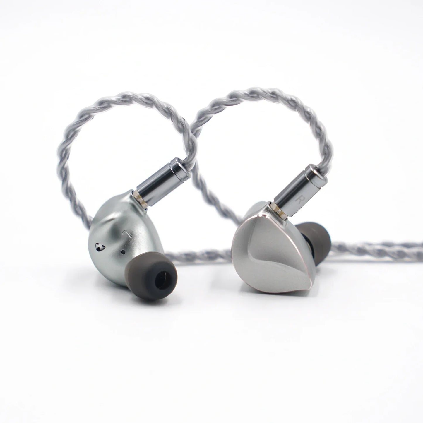Pair of BQEYZ Winter hifi IEM earphone shells in a matte silver finish.